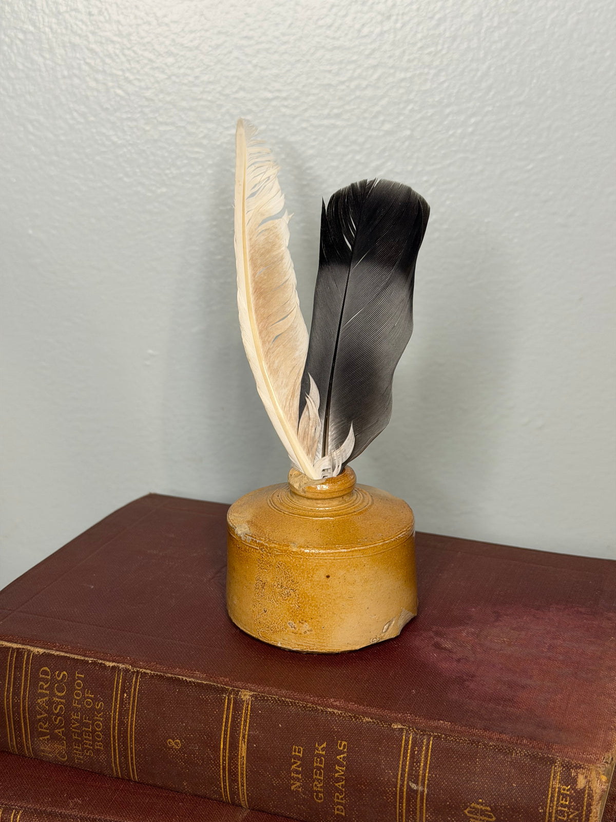 Vintage Mustard Glazed Stoneware Ink Bottle with Thames-Found Feathers