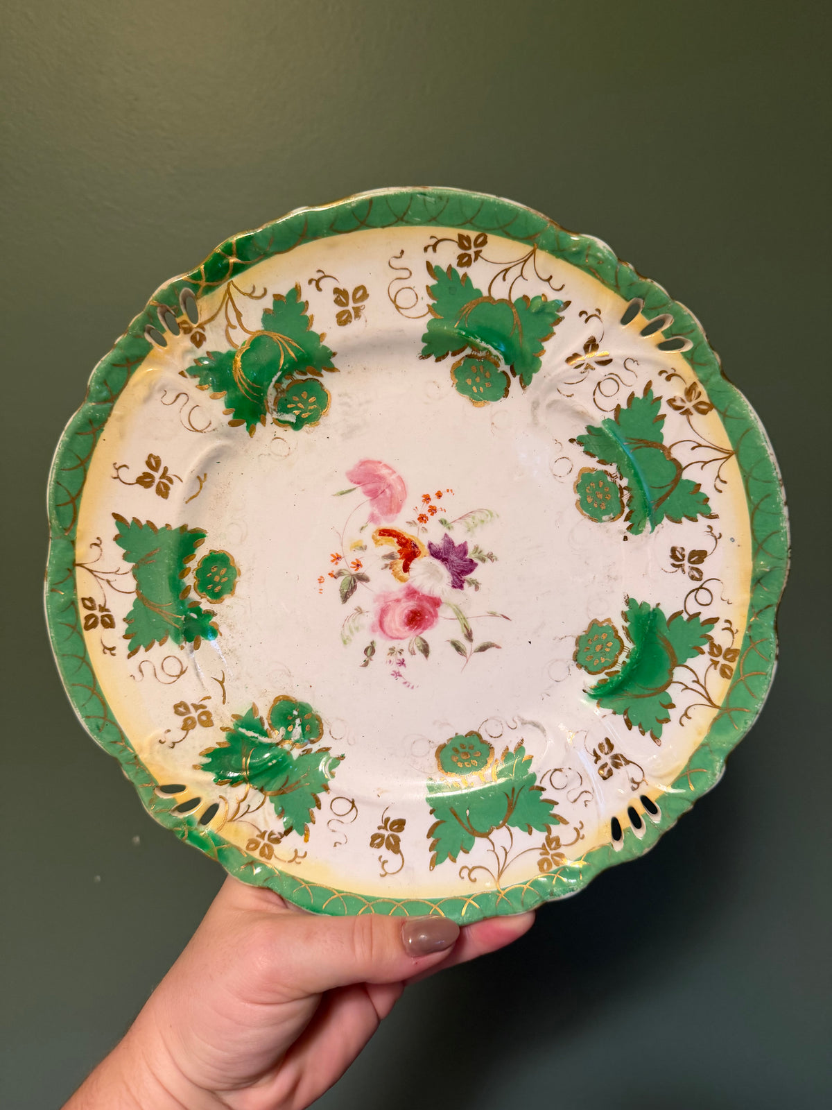 Antique Victorian English Porcelain Cabinet Plate with Green and Gilt Decoration, Pierced Rim