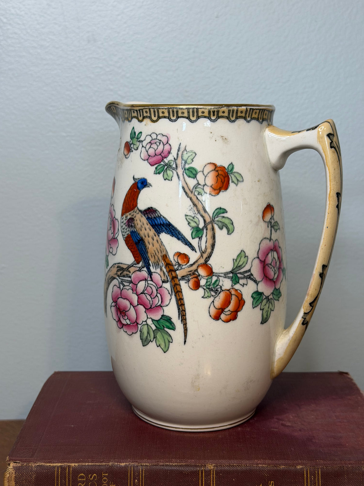 Antique Victorian Pheasants & Flowers Ironstone Pitcher by Winkle & Co, England