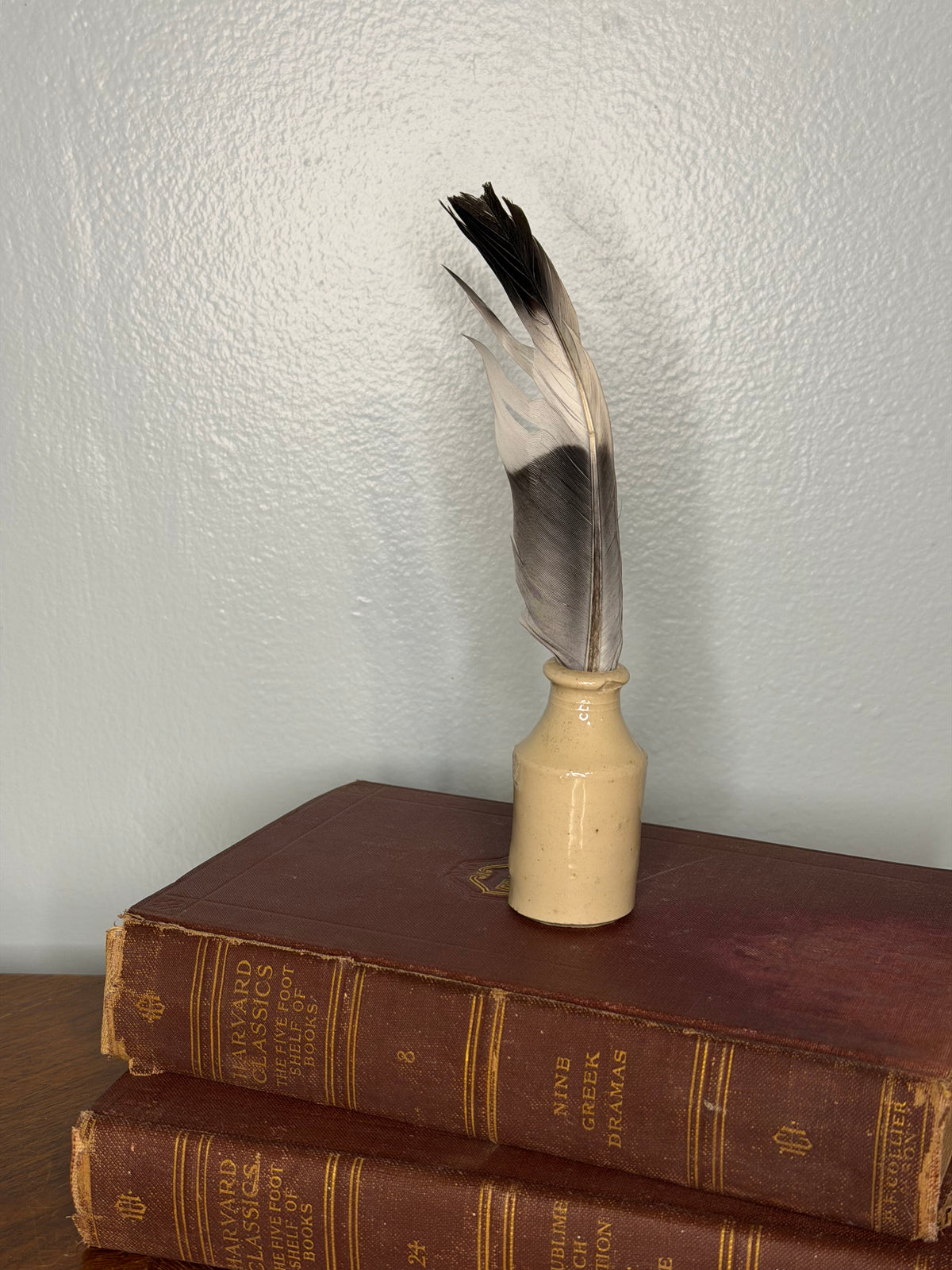 Cream Ceramic Ink Bottle with Thames River Feather, English Writing Desk Décor