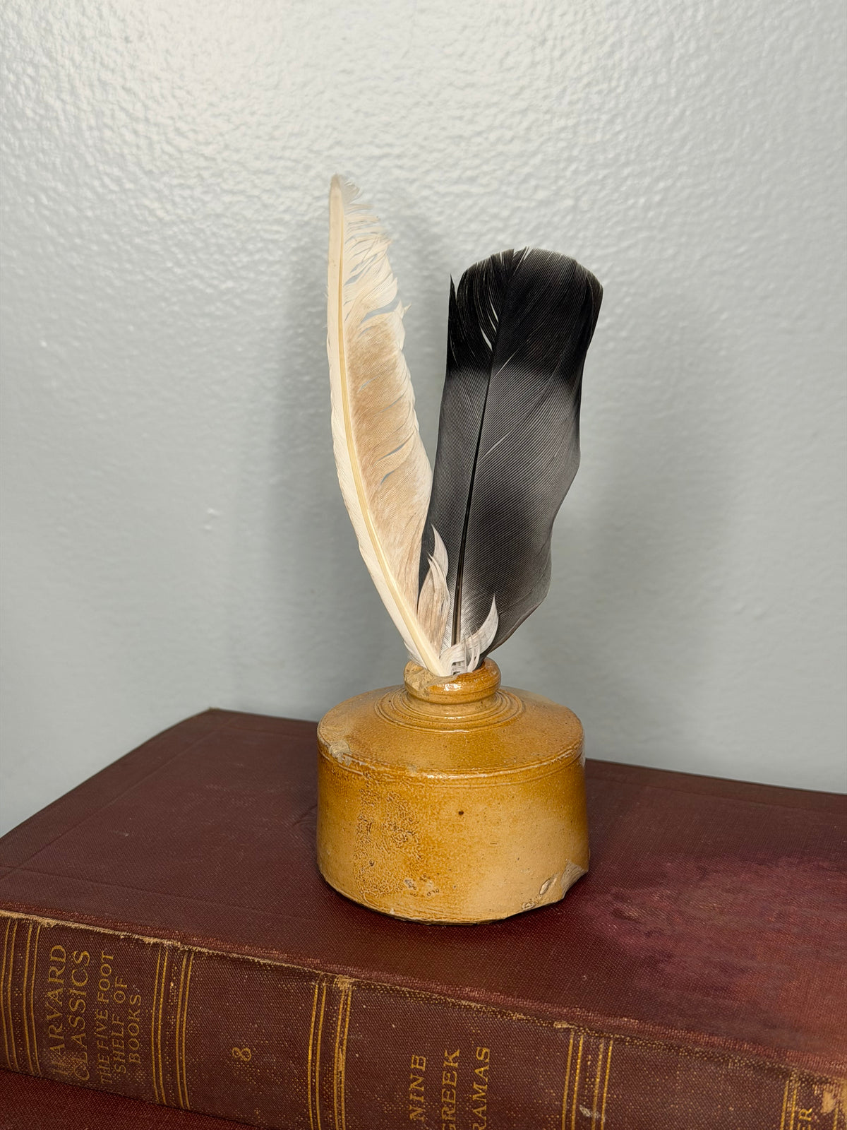 Vintage Mustard Glazed Stoneware Ink Bottle with Thames-Found Feathers
