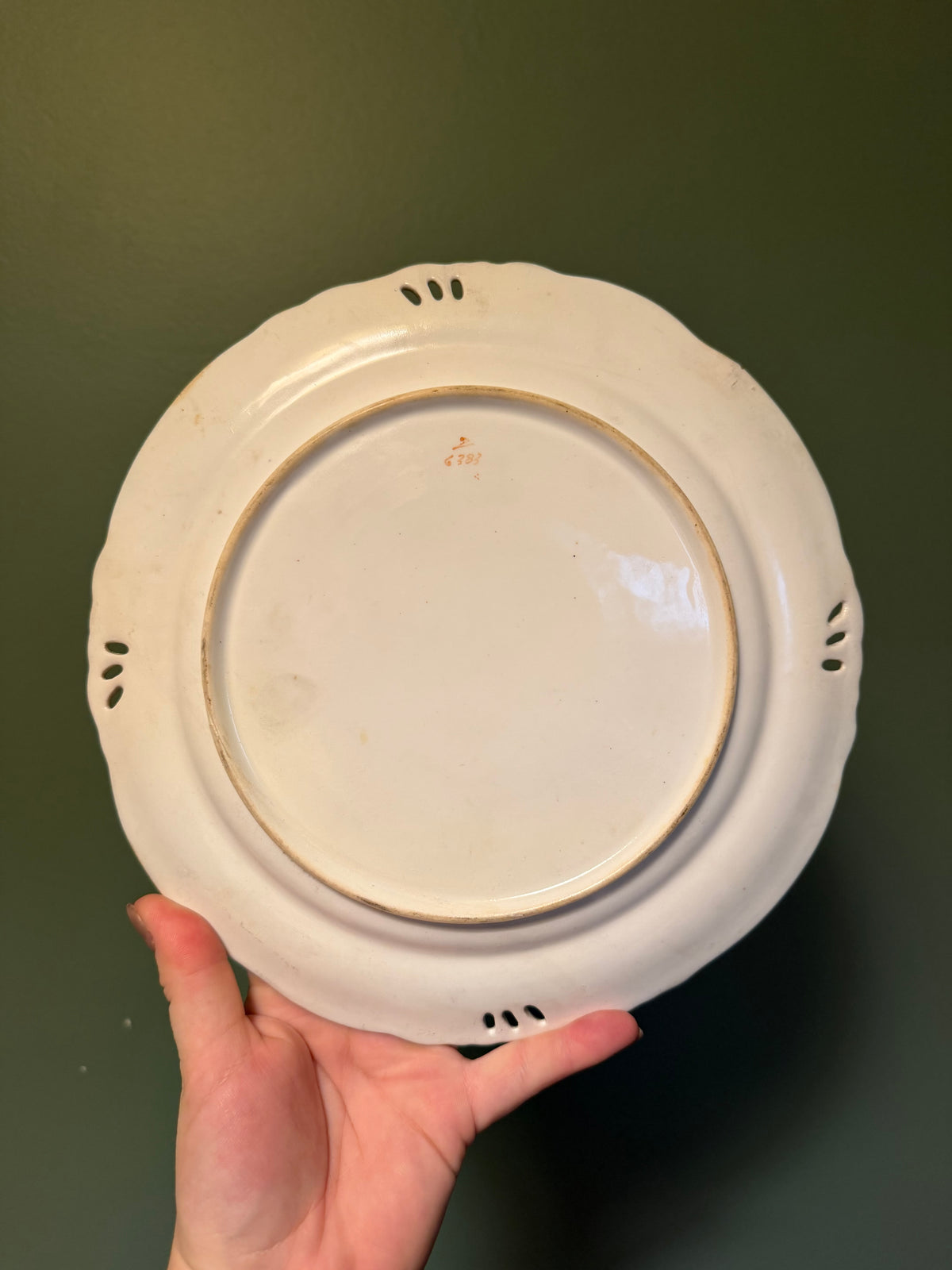 Antique Victorian English Porcelain Cabinet Plate with Green and Gilt Decoration, Pierced Rim