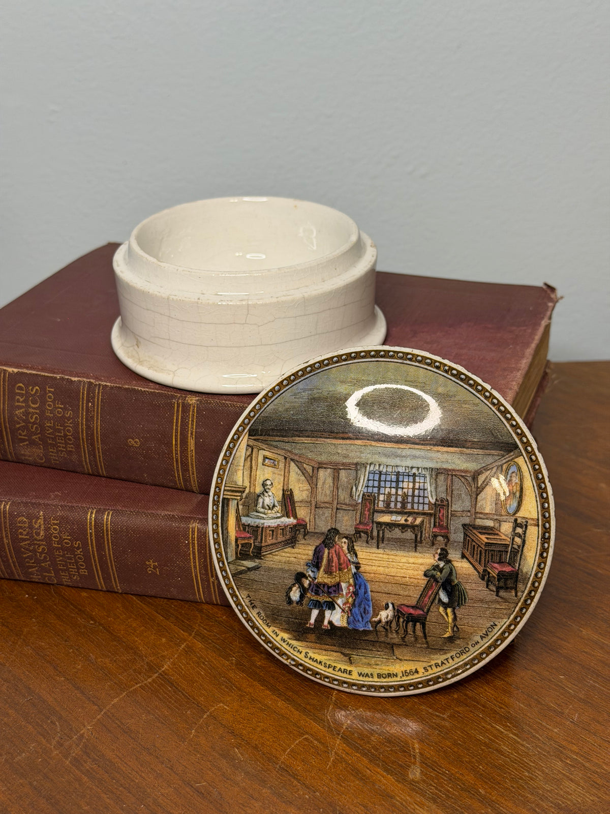 Antique Victorian Prattware Shakespeare’s Birthplace Pot Lid with Ceramic Base