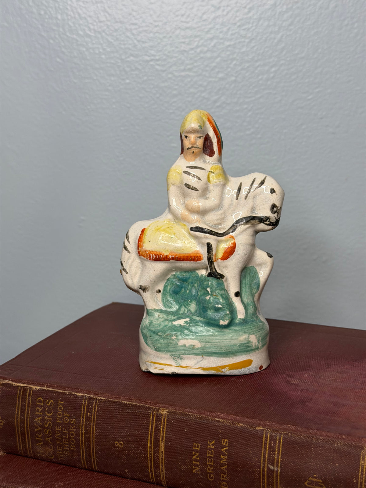 Antique 1860s Staffordshire Pottery Equestrian Figure, Flatback Hand-Painted in Victorian England