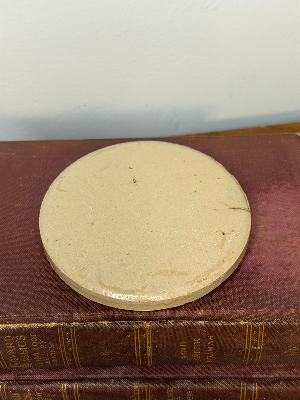Set of 3 Antique Cream Stoneware Pot Lids