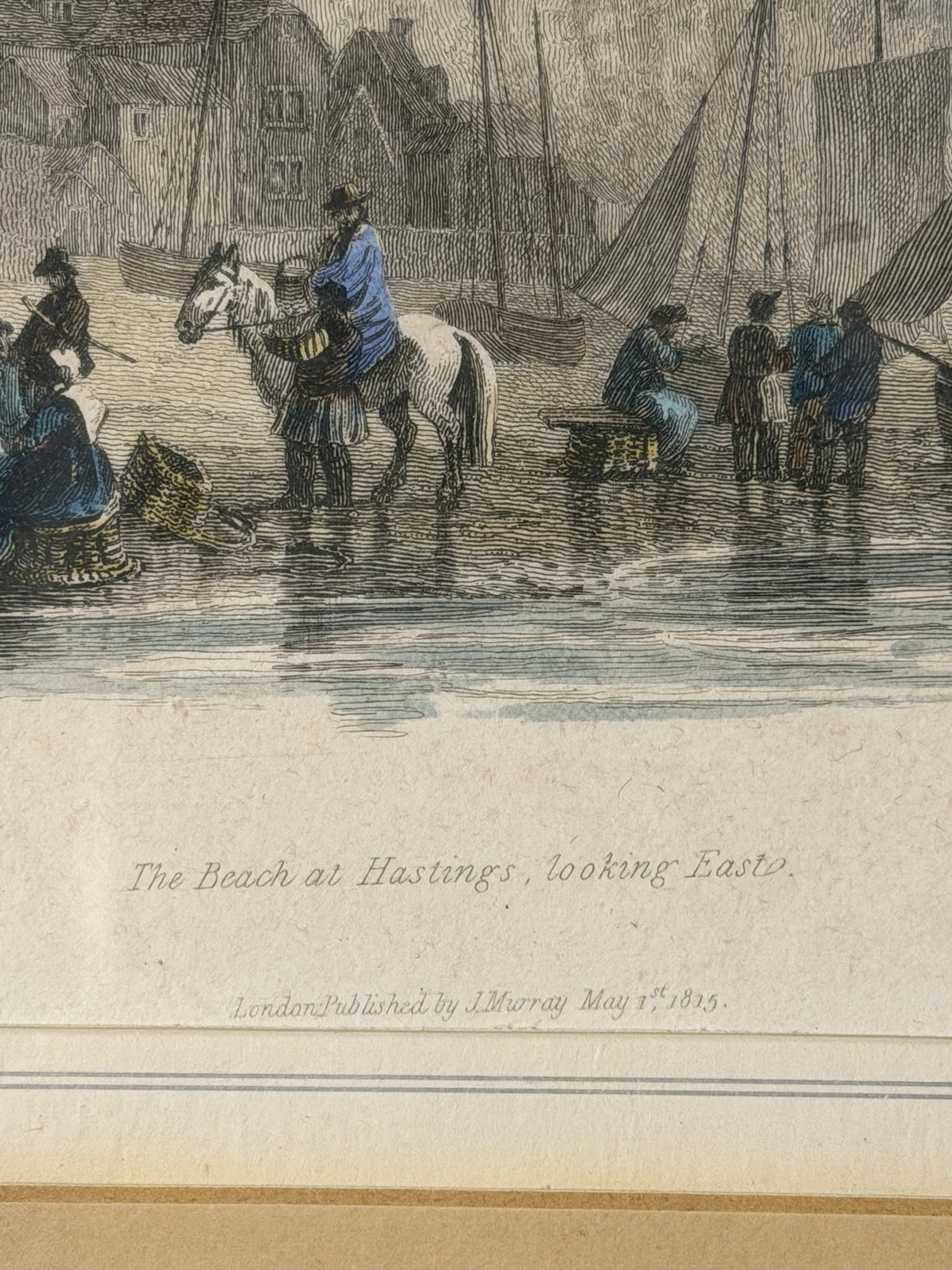 Antique 1815 English Engraving The Beach at Hastings Looking East
