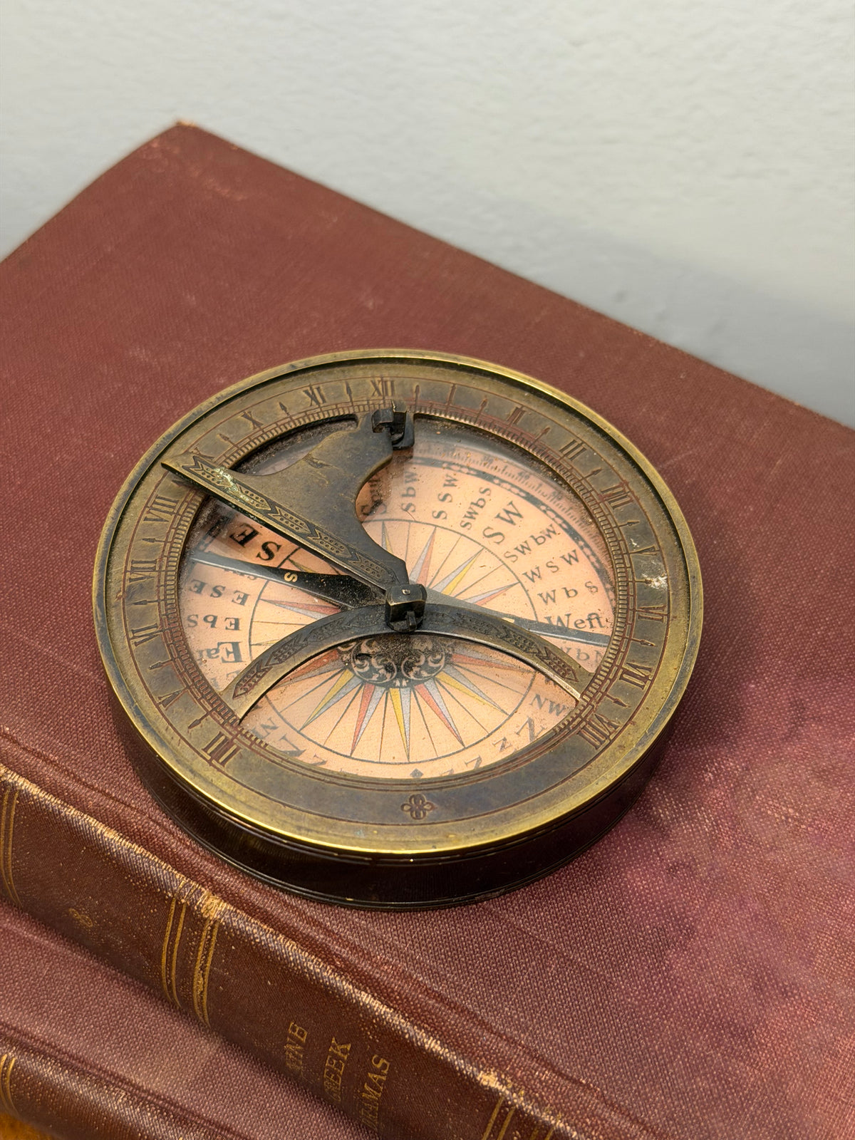 Vintage Brass Compass and Sundial with Roman Numeral Dial