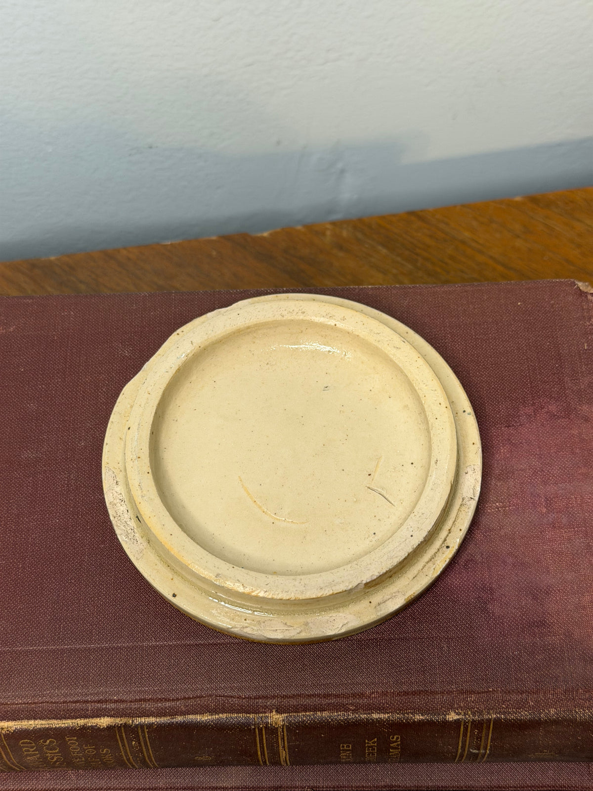 Set of 3 Antique Cream Stoneware Pot Lids