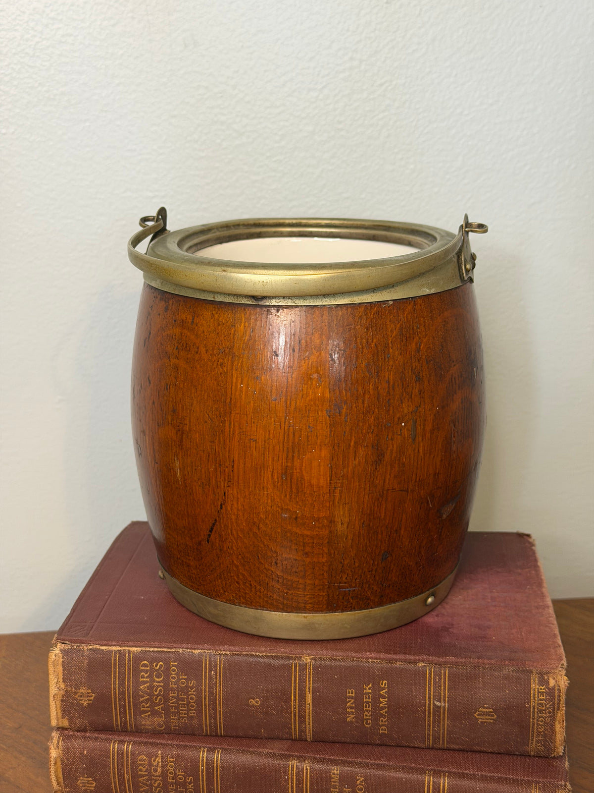 Antique Wooden Biscuit Barrel with Silver-Plated Mounts and Ceramic Liner