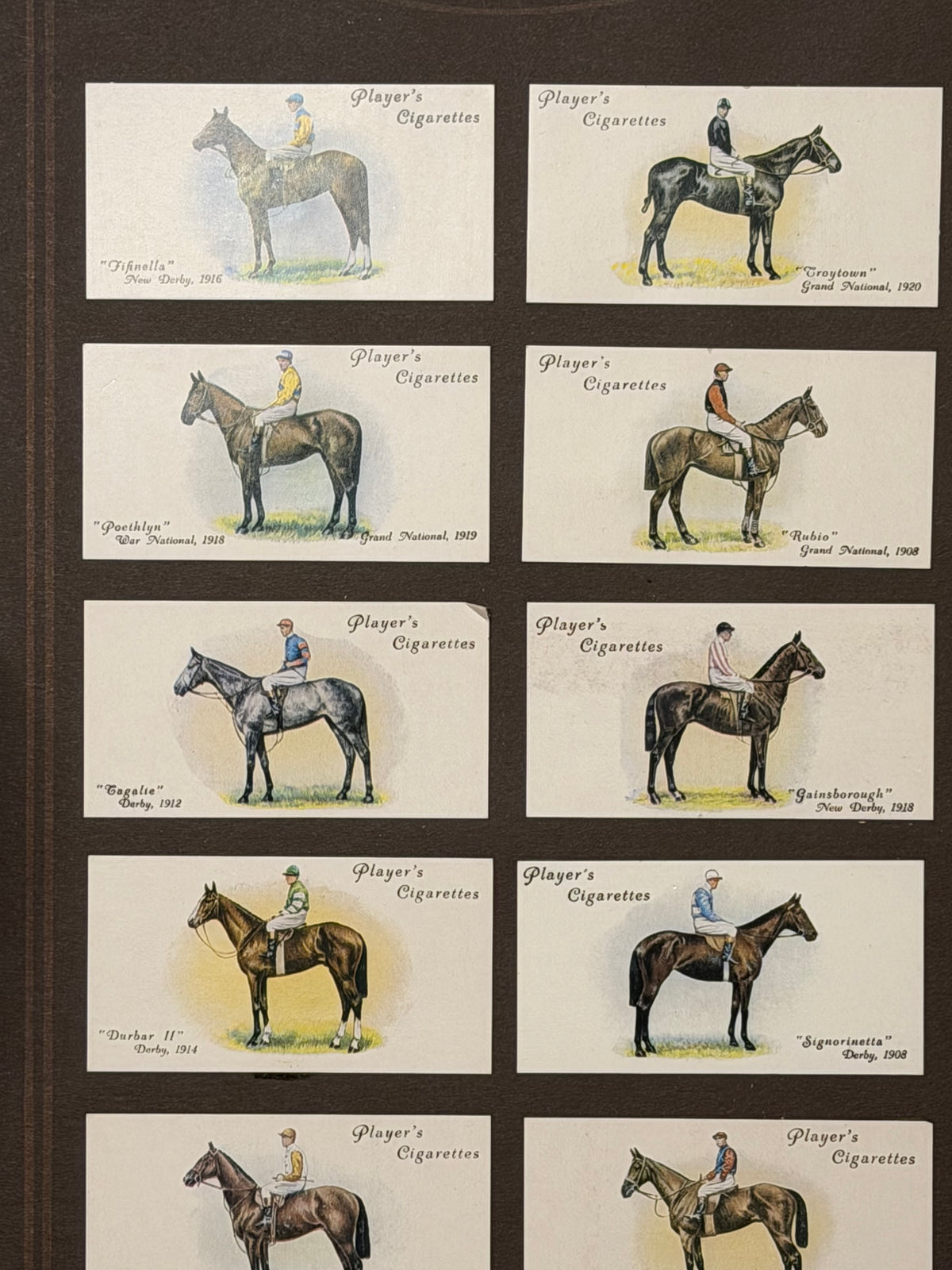 1933 John Player & Sons Horse Racing Cigarette Cards, Framed Set of 10, Derby and Grand National Winners