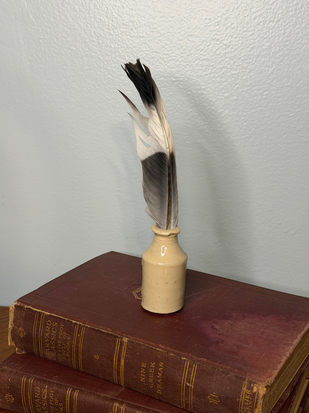Cream Ceramic Ink Bottle with Thames River Feather, English Writing Desk Décor