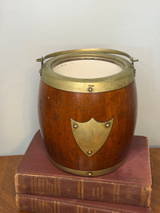 Antique Wooden Biscuit Barrel with Silver-Plated Mounts and Ceramic Liner
