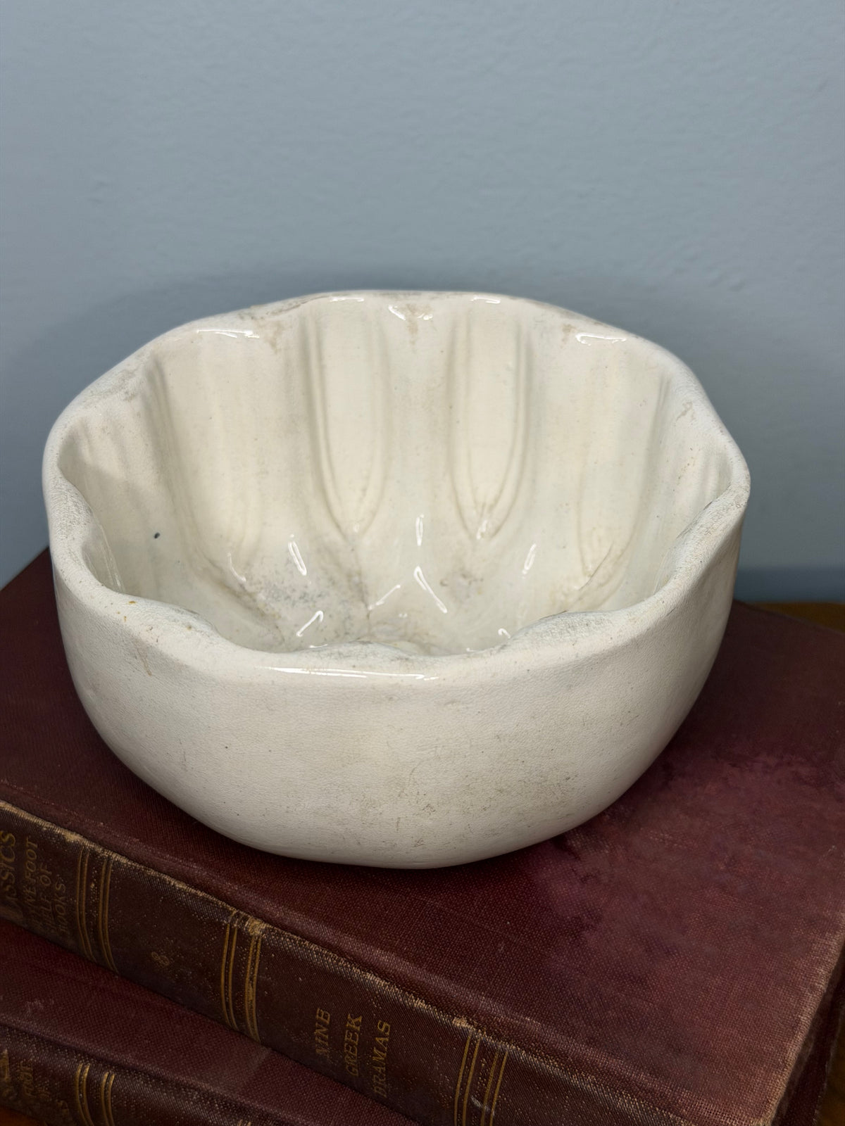 Antique Cream Ceramic Pudding Mould, Fluted Victorian Kitchenware