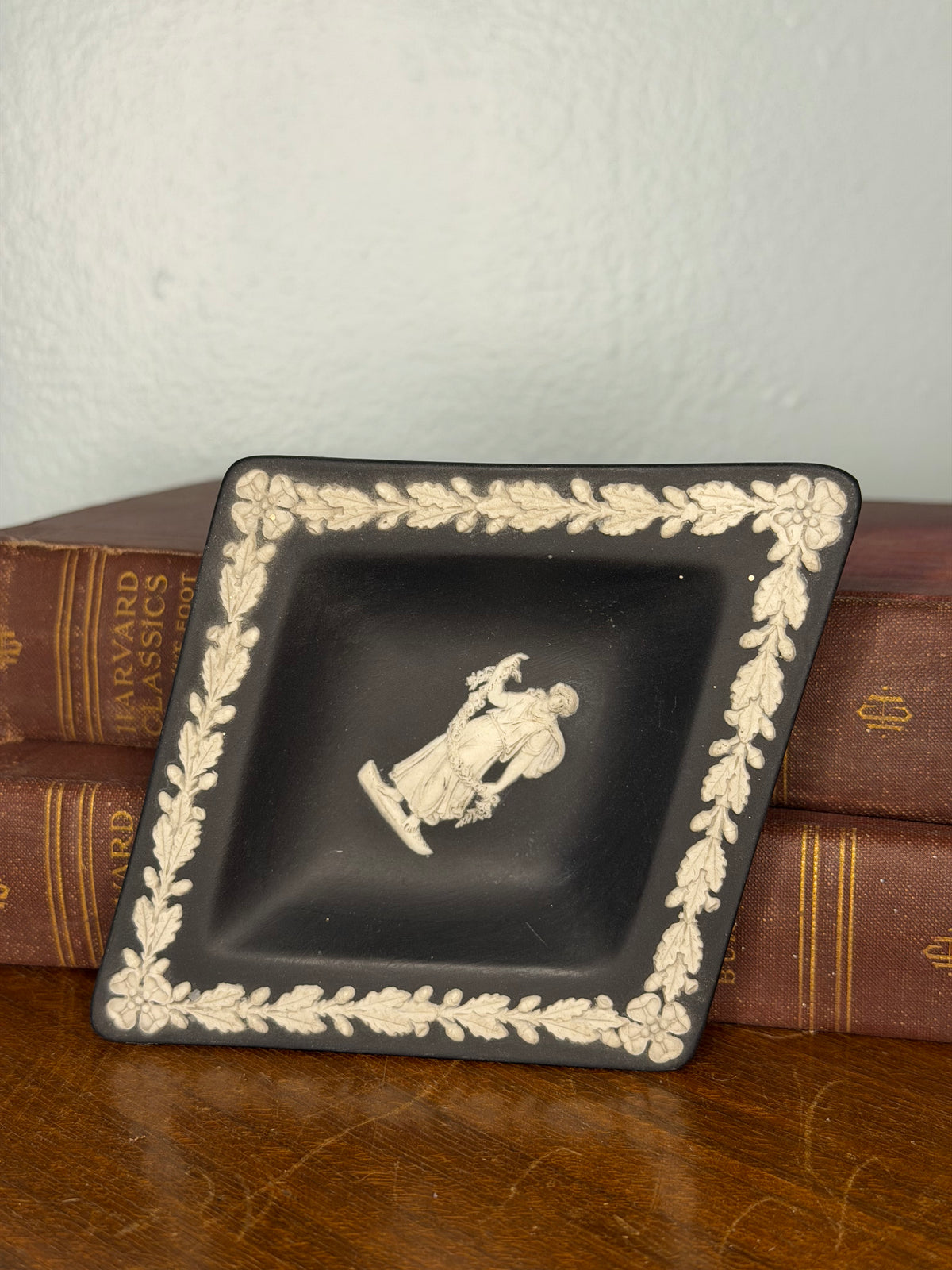 Vintage Wedgwood Black Jasperware Dish with White Classical Figure and Oak Leaf Border