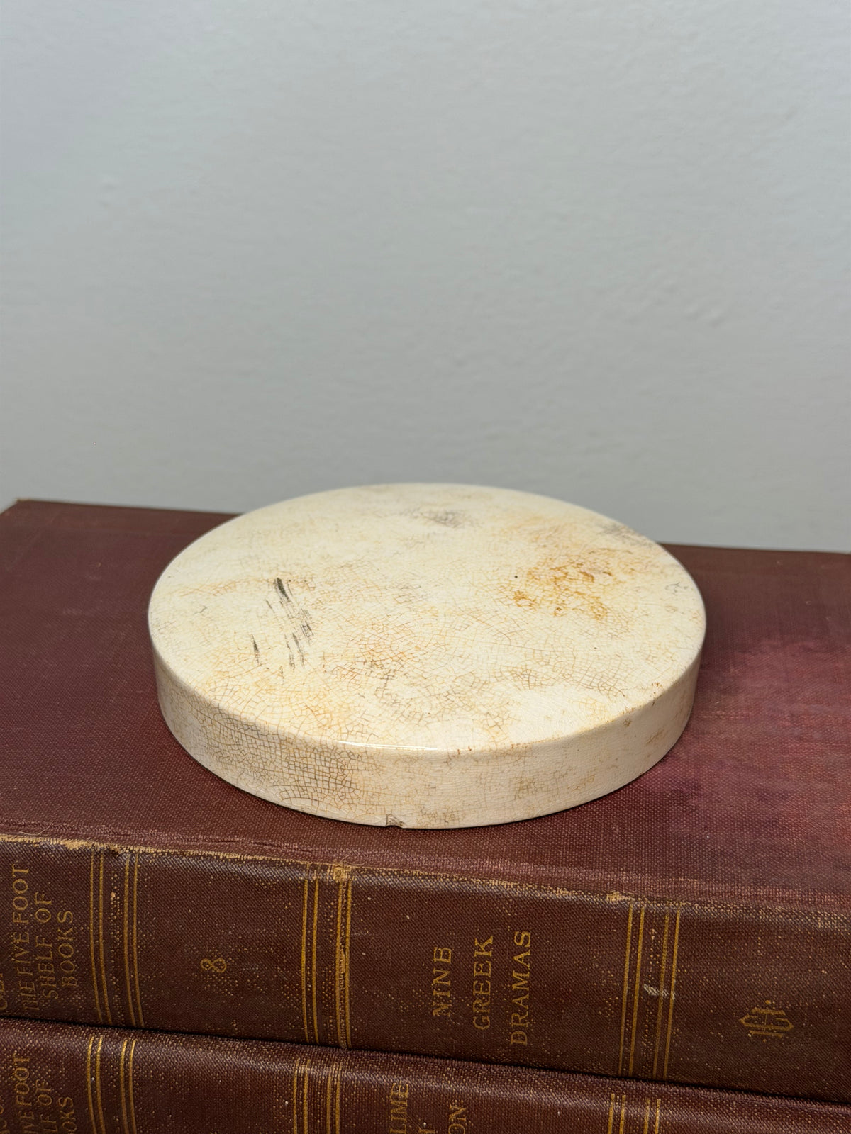 Antique Cream Ceramic Pottery Lid with Crazed Glaze