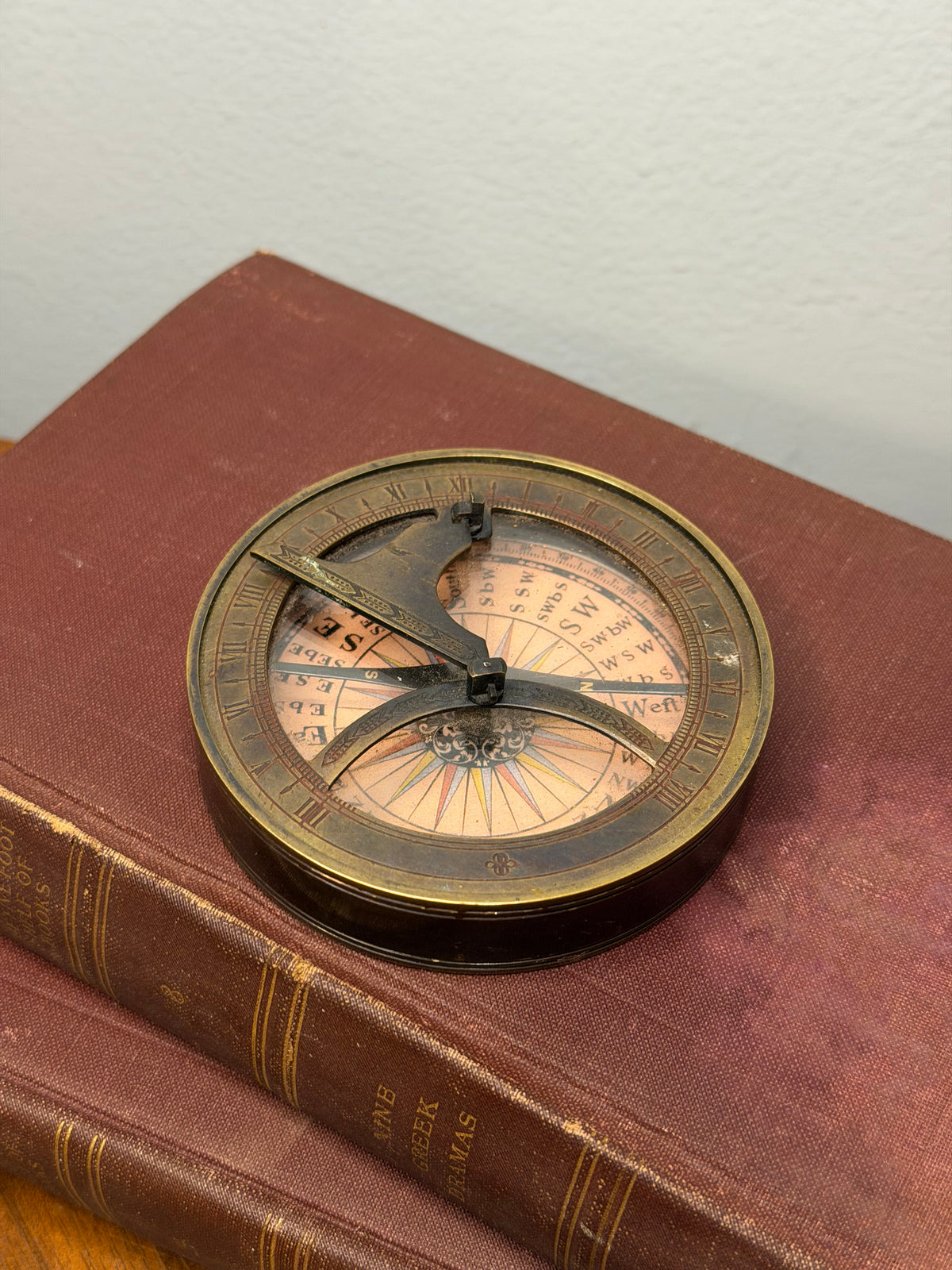 Vintage Brass Compass and Sundial with Roman Numeral Dial