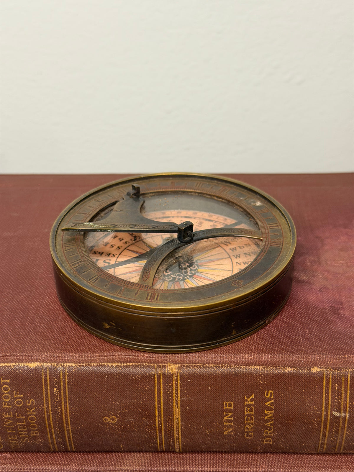 Vintage Brass Compass and Sundial with Roman Numeral Dial