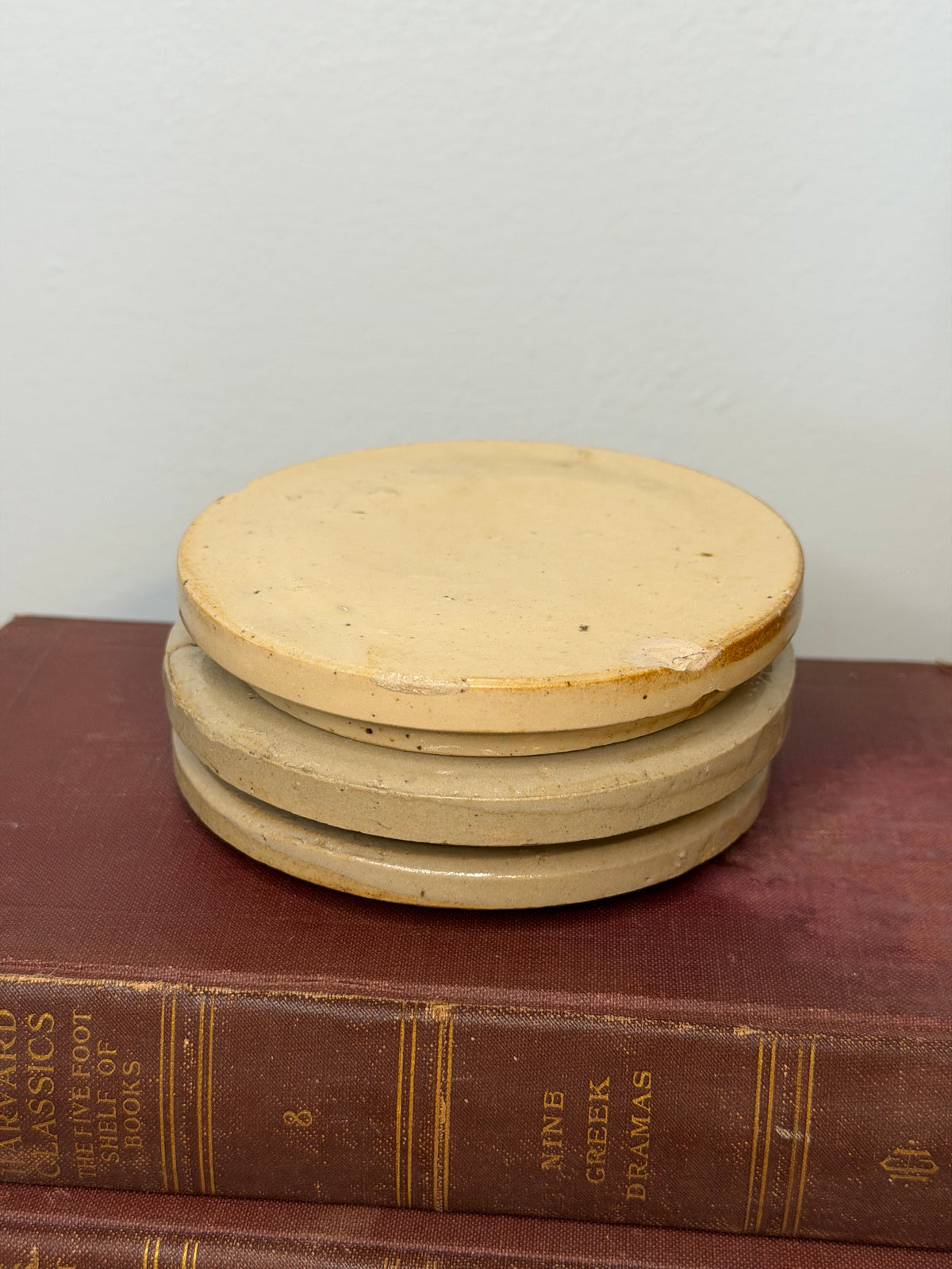 Set of 3 Antique Cream Stoneware Pot Lids