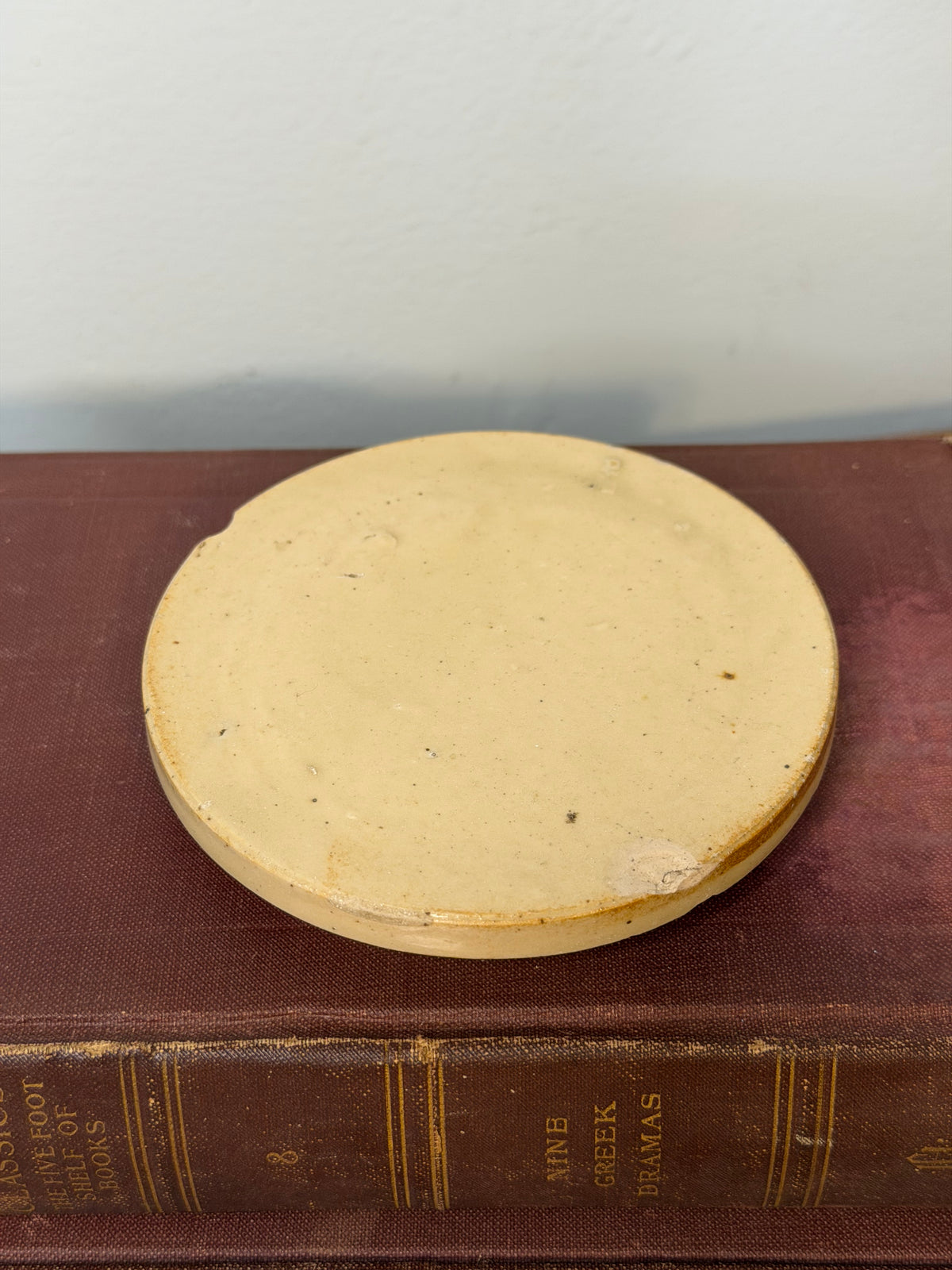 Set of 3 Antique Cream Stoneware Pot Lids