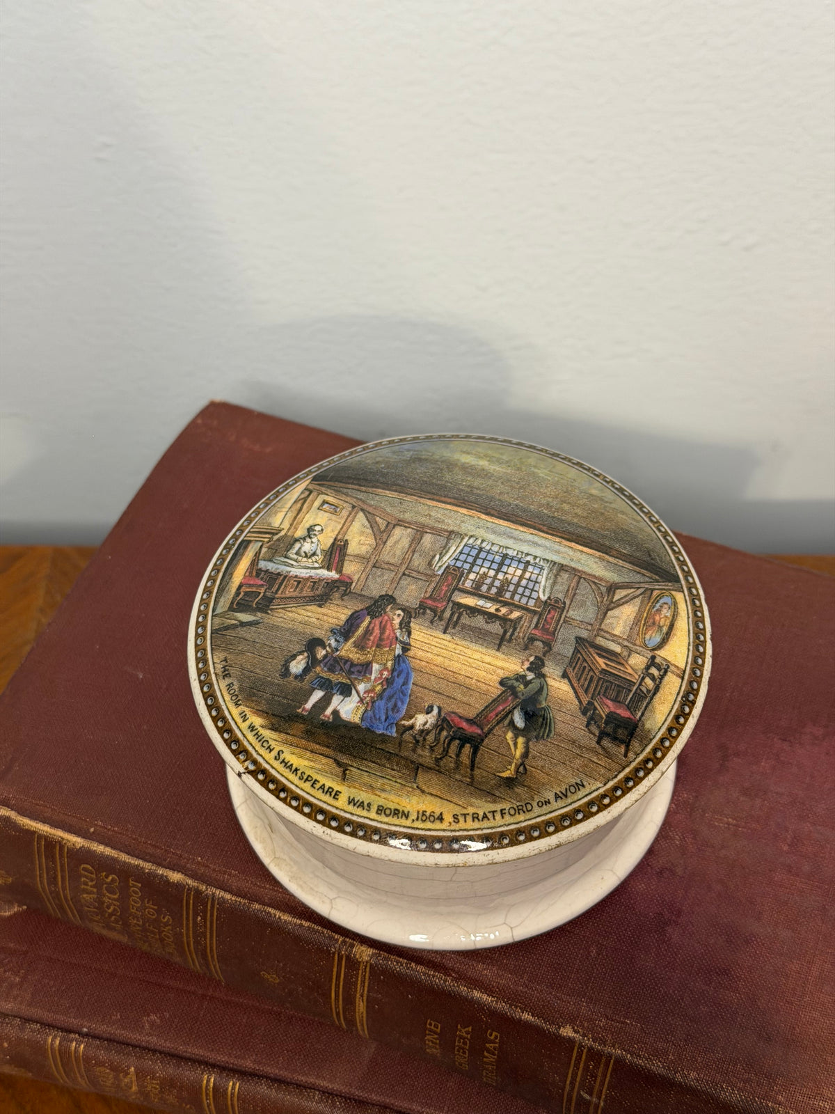 Antique Victorian Prattware Shakespeare’s Birthplace Pot Lid with Ceramic Base