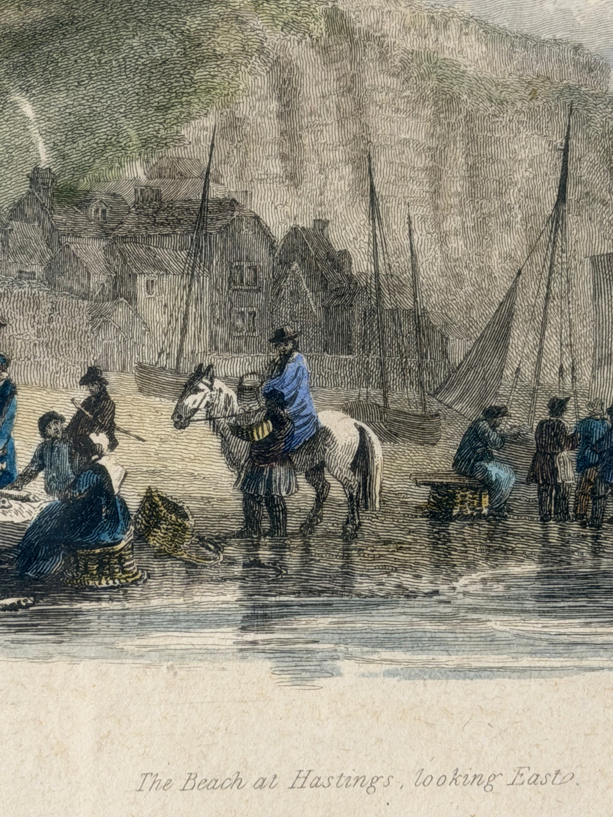 Antique 1815 English Engraving The Beach at Hastings Looking East
