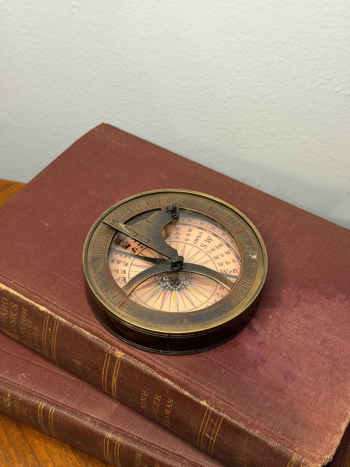 Vintage Brass Compass and Sundial with Roman Numeral Dial