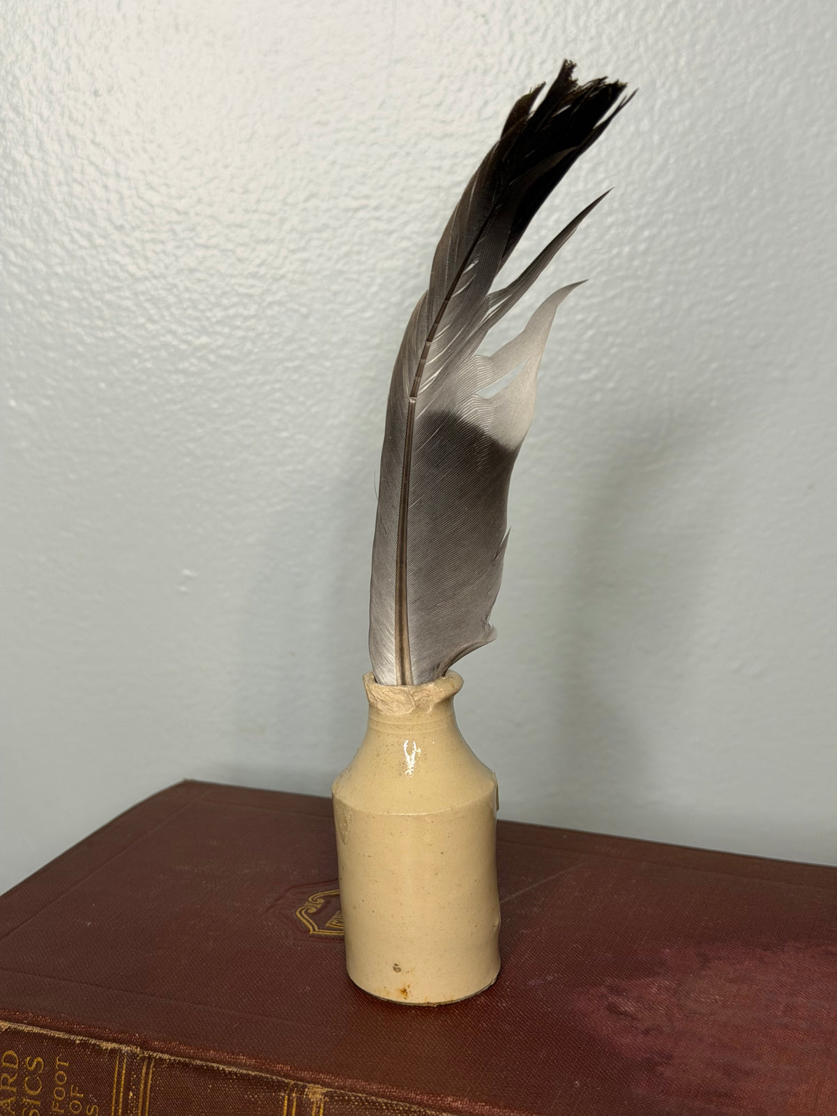 Cream Ceramic Ink Bottle with Thames River Feather, English Writing Desk Décor
