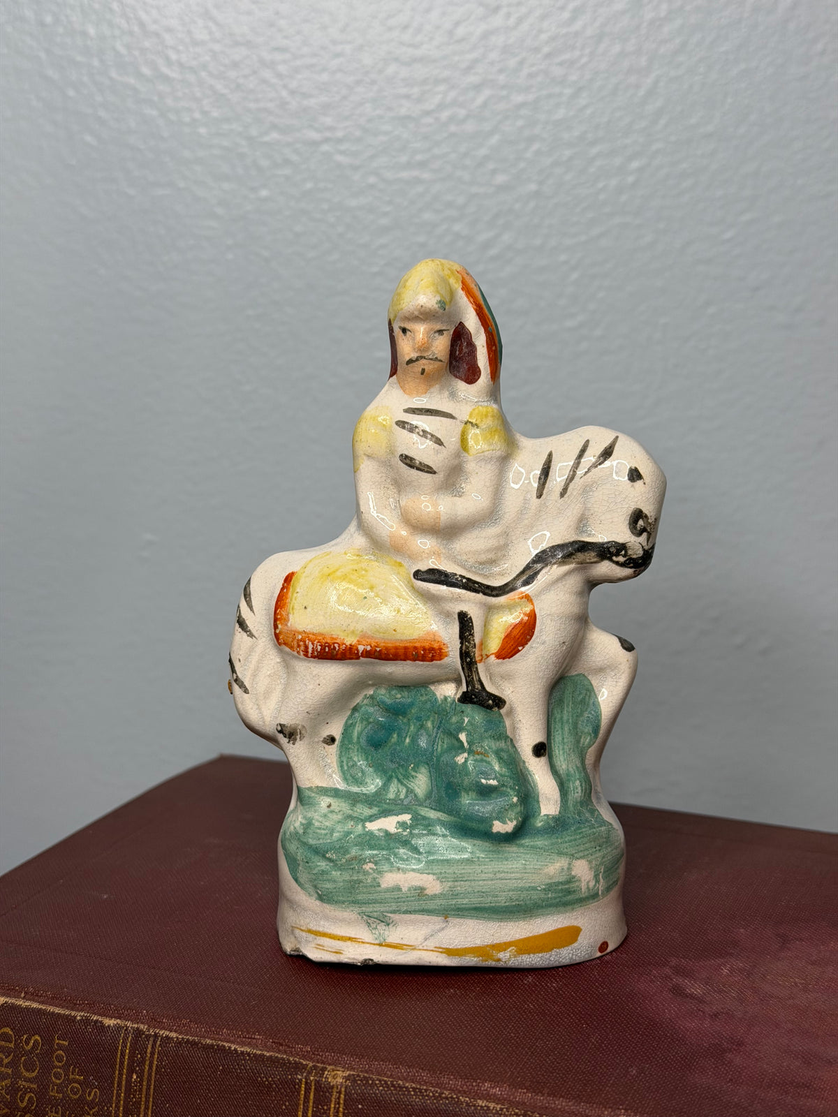 Antique 1860s Staffordshire Pottery Equestrian Figure, Flatback Hand-Painted in Victorian England