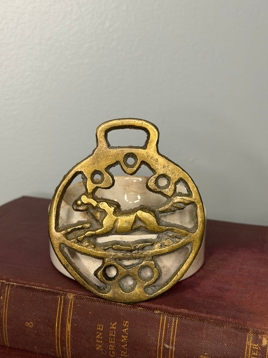 Vintage English Brass Running Hare Horse Brass, Traditional Harness Ornament