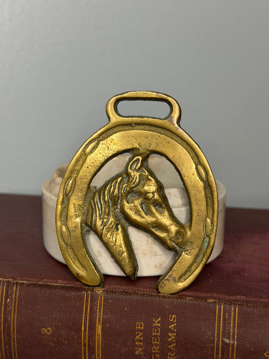 Vintage Brass Horse Head Horseshoe Horse Brass, Traditional Harness Ornament