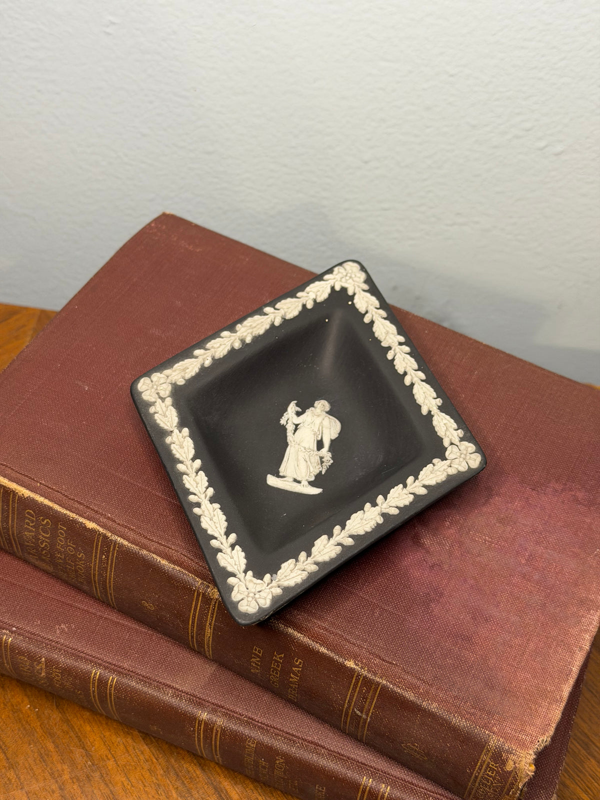 Vintage Wedgwood Black Jasperware Dish with White Classical Figure and Oak Leaf Border