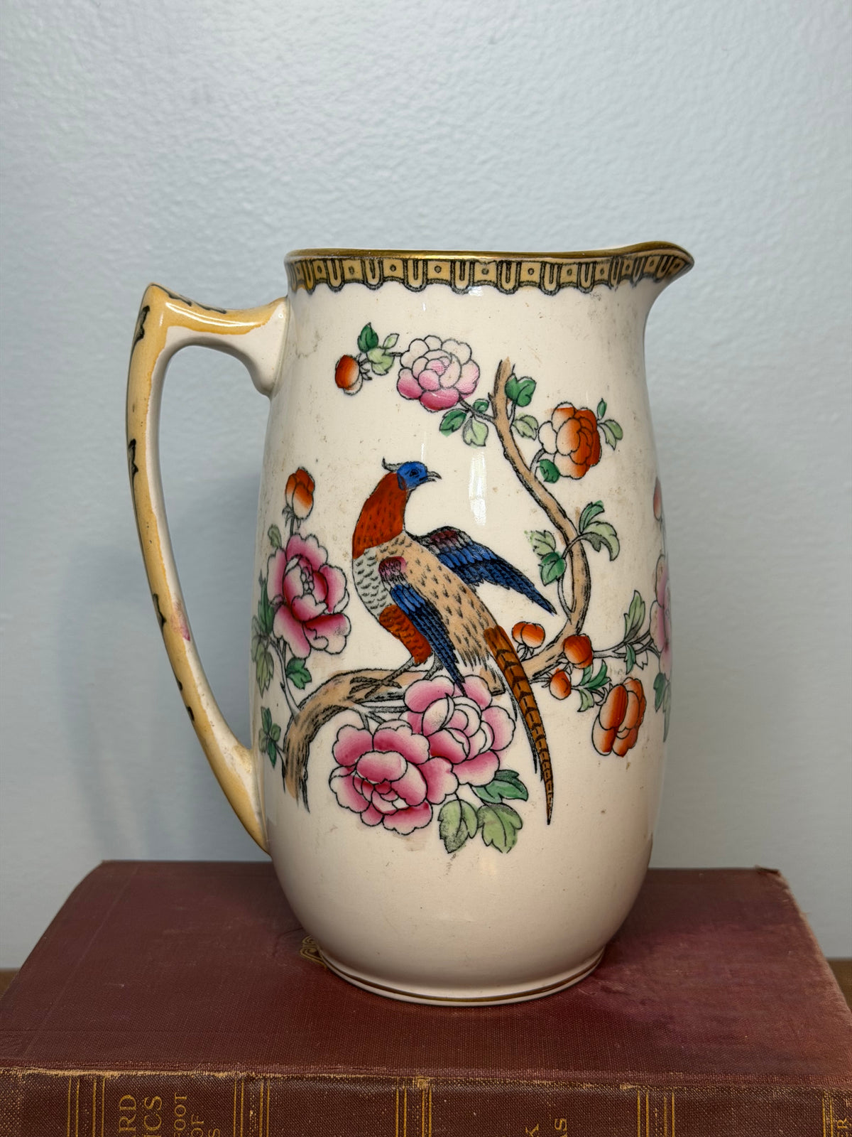 Antique Victorian Pheasants & Flowers Ironstone Pitcher by Winkle & Co, England