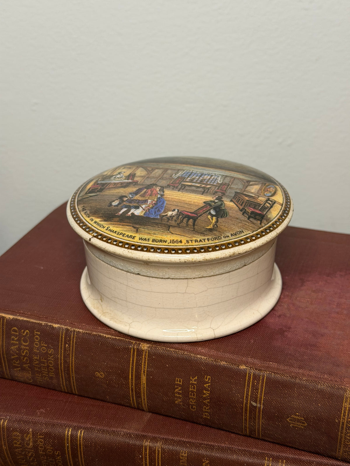Antique Victorian Prattware Shakespeare’s Birthplace Pot Lid with Ceramic Base