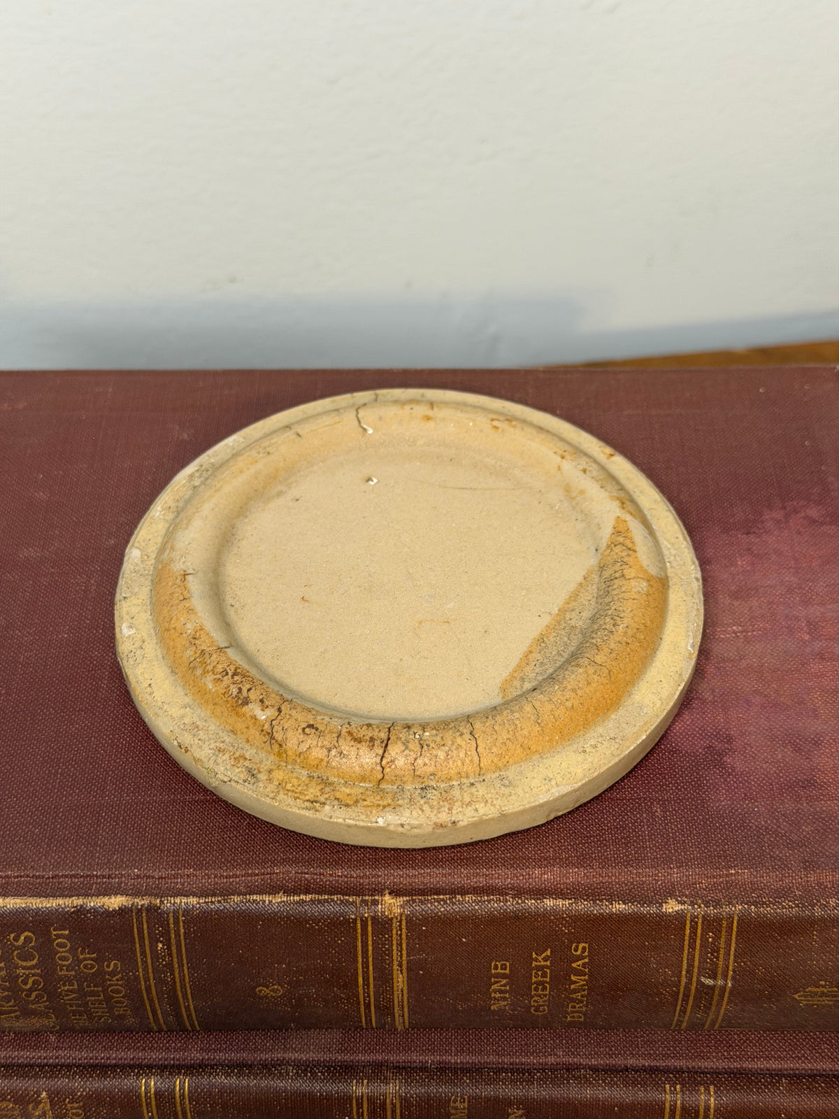 Set of 3 Antique Cream Stoneware Pot Lids