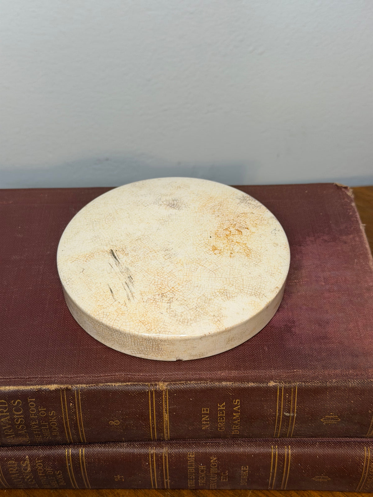 Antique Cream Ceramic Pottery Lid with Crazed Glaze