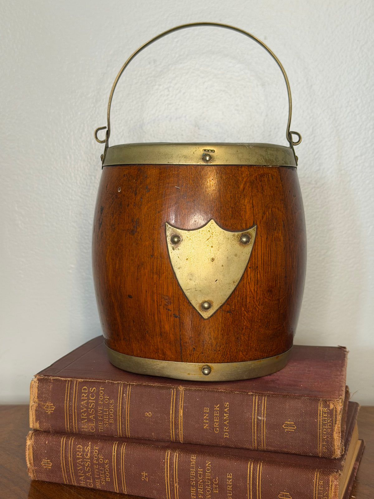 Antique Wooden Biscuit Barrel with Silver-Plated Mounts and Ceramic Liner