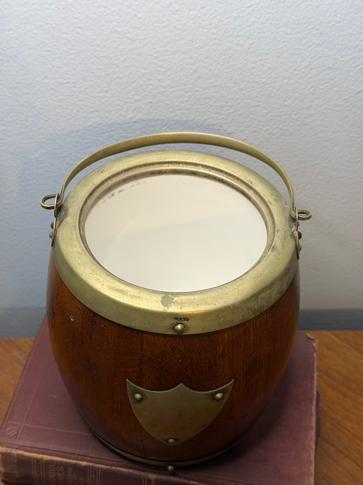 Antique Wooden Biscuit Barrel with Silver-Plated Mounts and Ceramic Liner