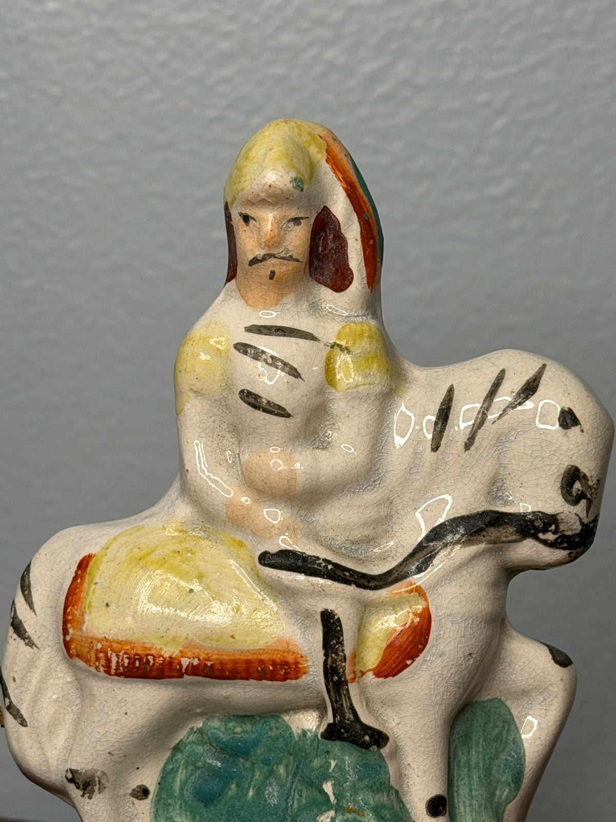 Antique 1860s Staffordshire Pottery Equestrian Figure, Flatback Hand-Painted in Victorian England
