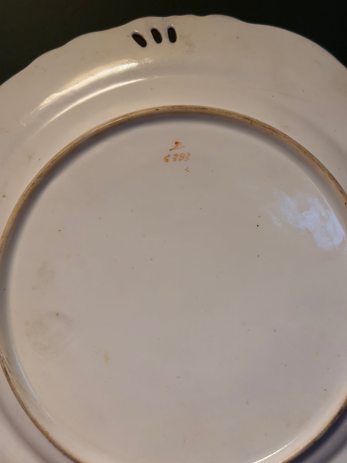 Antique Victorian English Porcelain Cabinet Plate with Green and Gilt Decoration, Pierced Rim