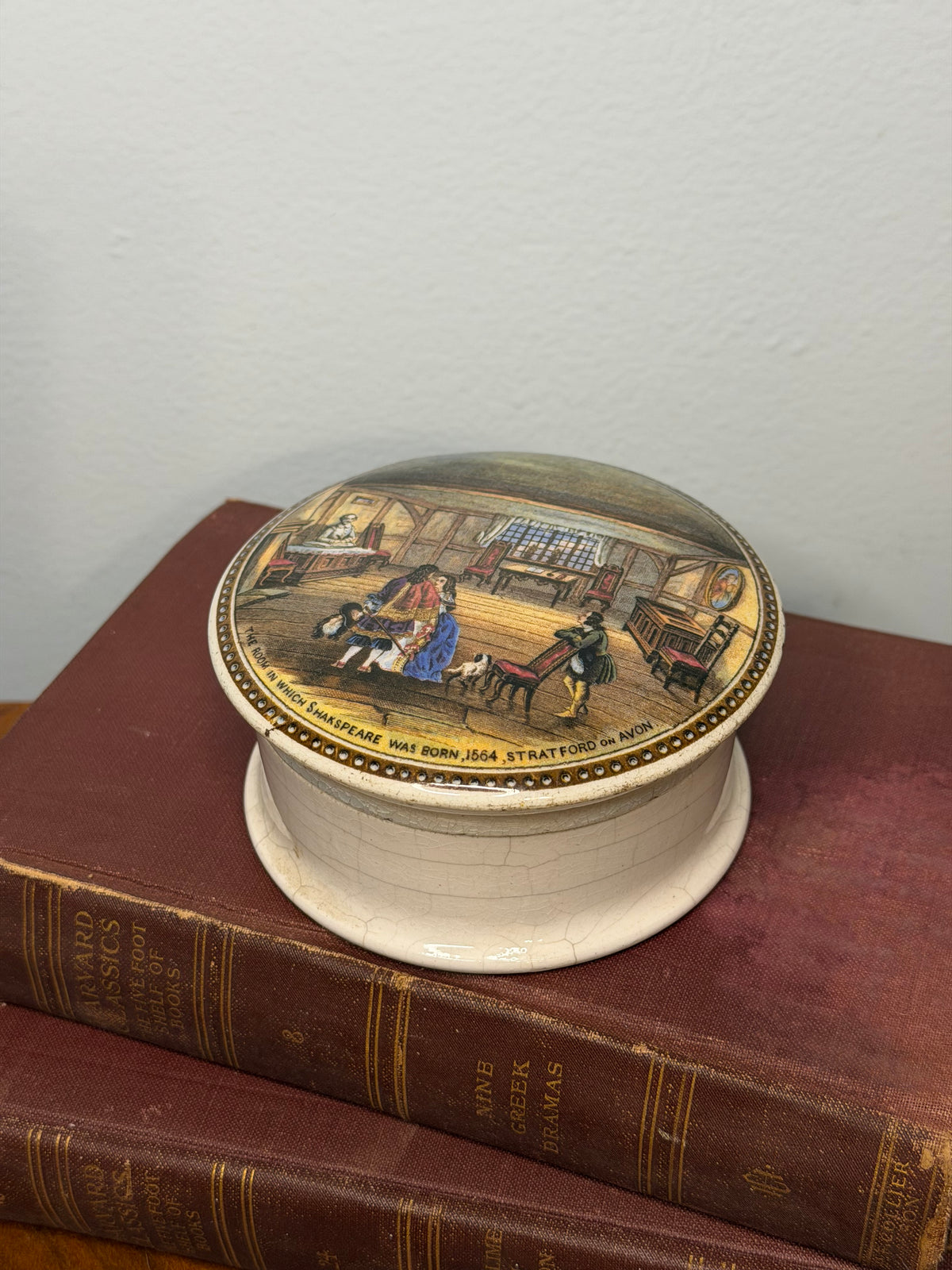 Antique Victorian Prattware Shakespeare’s Birthplace Pot Lid with Ceramic Base