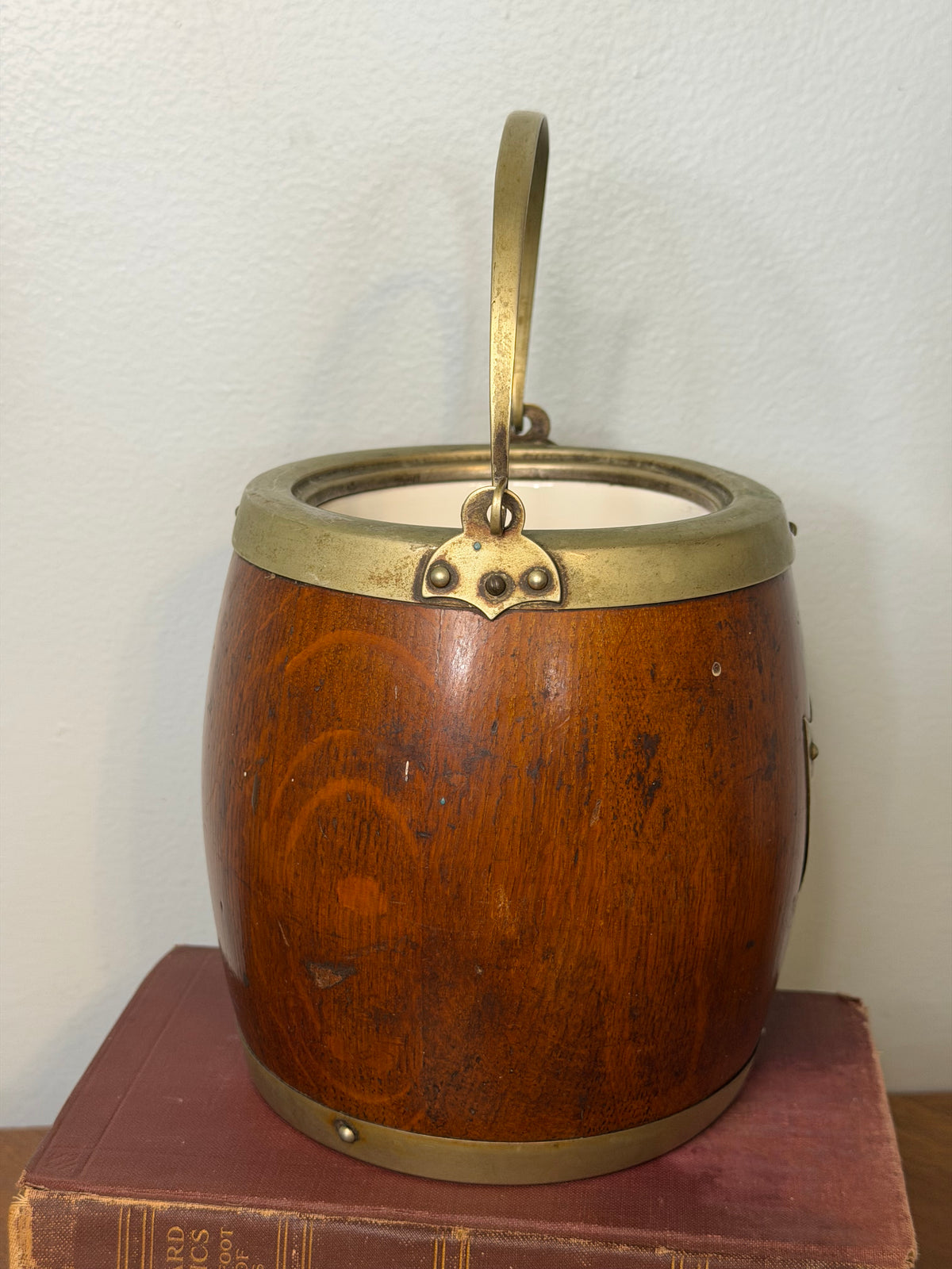 Antique Wooden Biscuit Barrel with Silver-Plated Mounts and Ceramic Liner