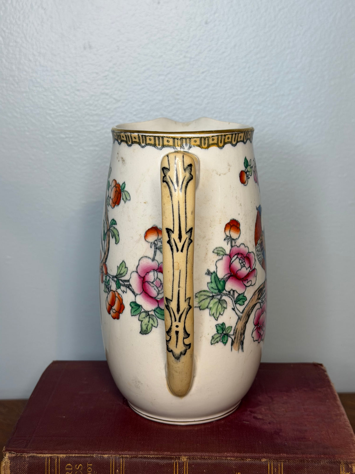 Antique Victorian Pheasants & Flowers Ironstone Pitcher by Winkle & Co, England