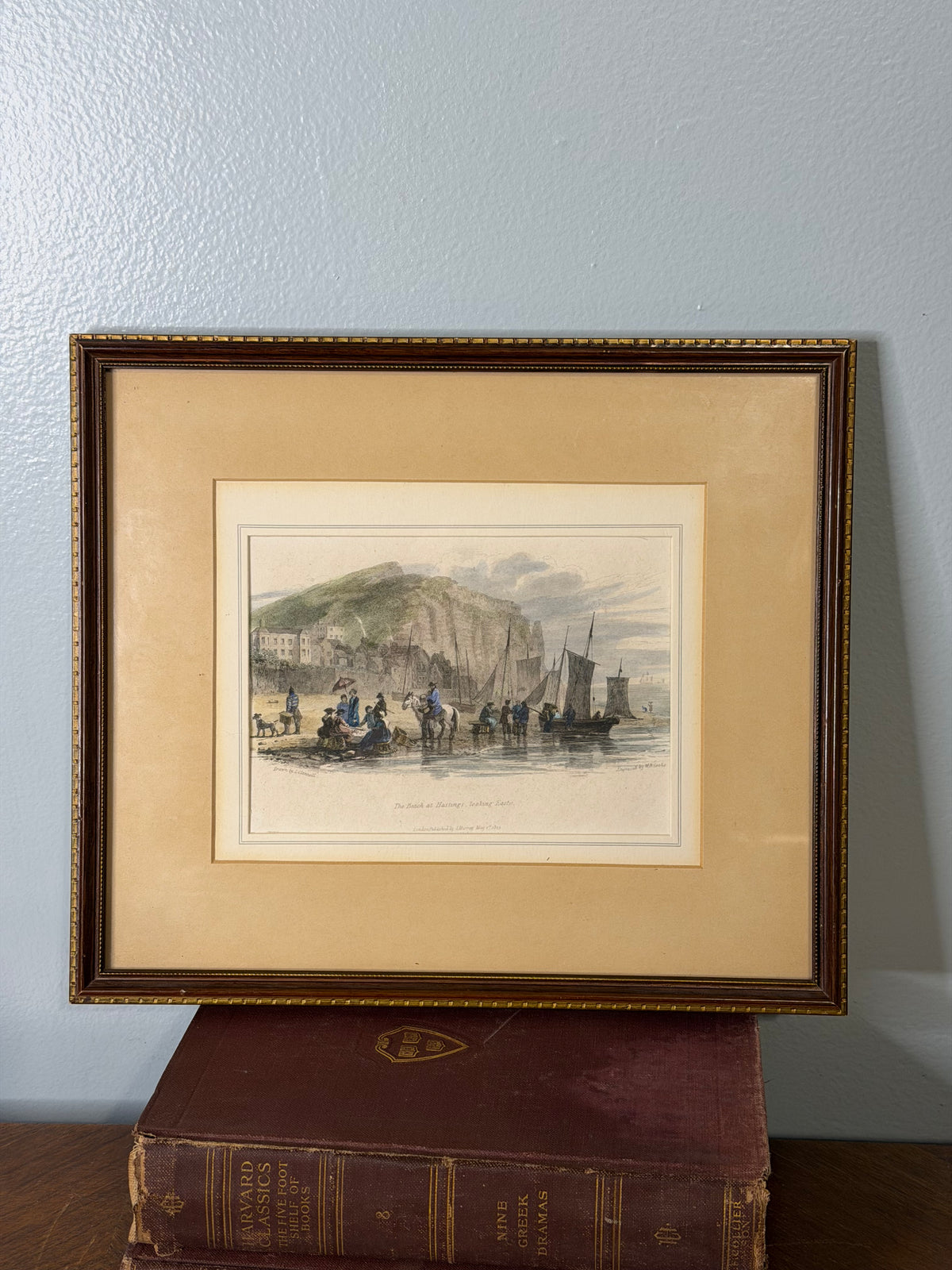 Antique 1815 English Engraving The Beach at Hastings Looking East