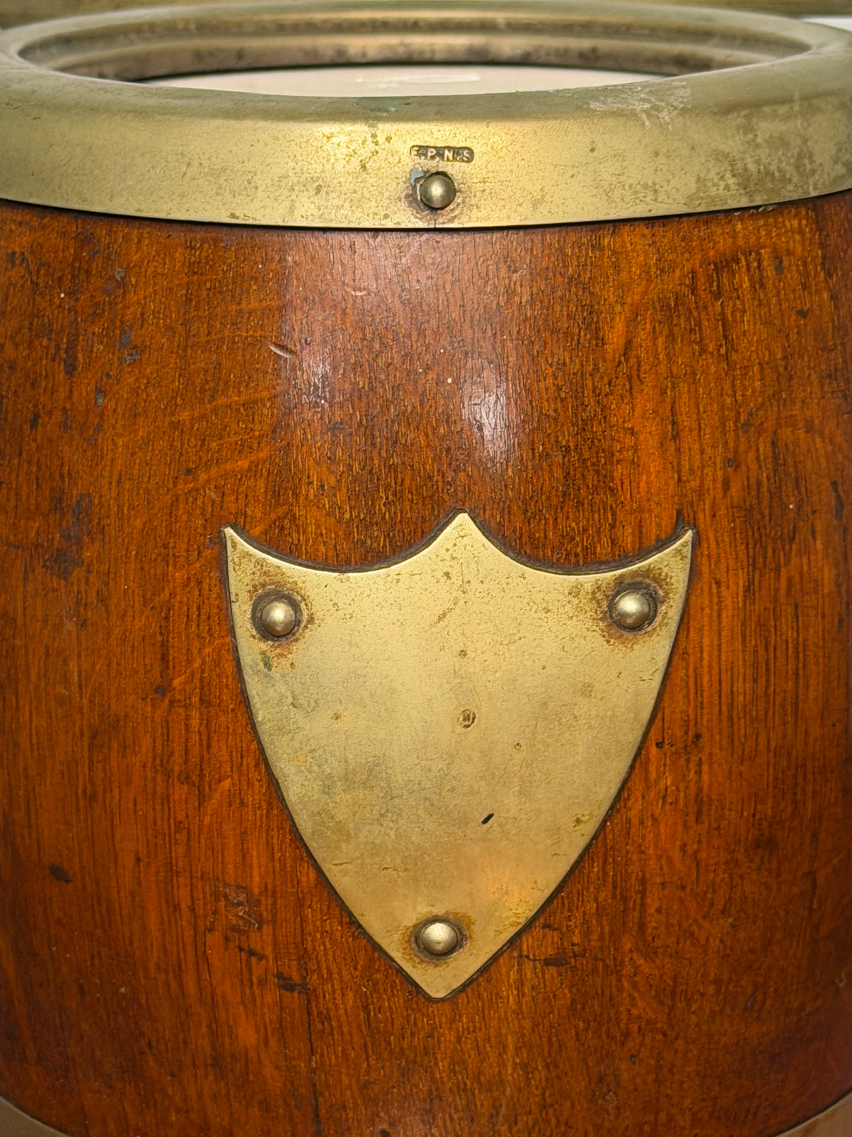 Antique Wooden Biscuit Barrel with Silver-Plated Mounts and Ceramic Liner