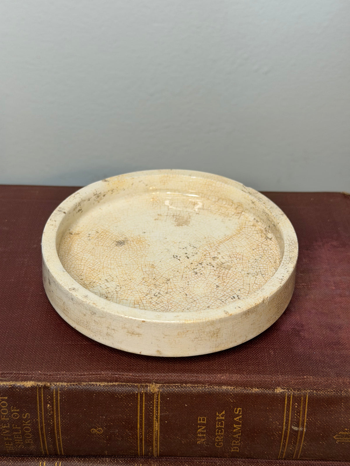 Antique Cream Ceramic Pottery Lid with Crazed Glaze