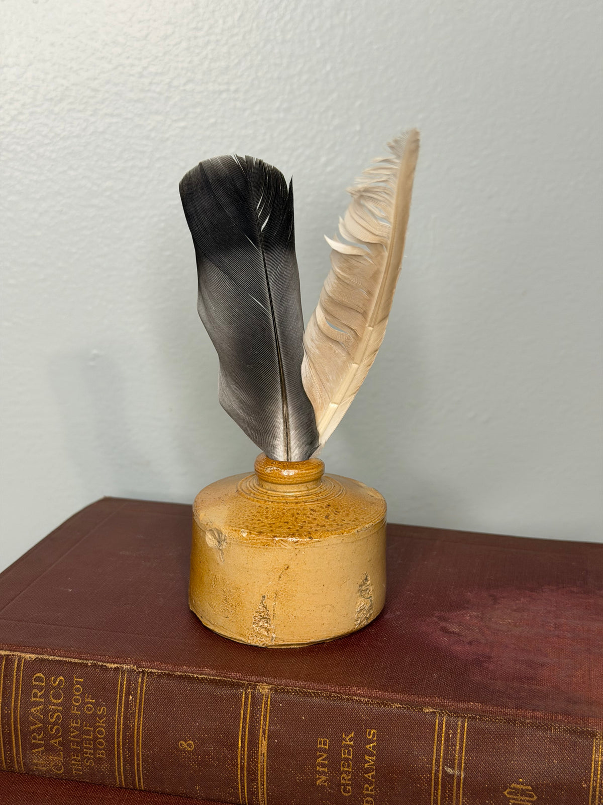 Vintage Mustard Glazed Stoneware Ink Bottle with Thames-Found Feathers